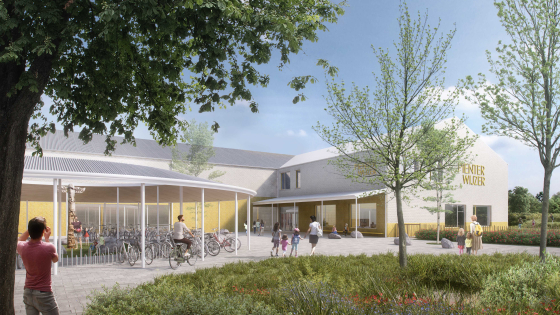 3D beeld ingang nieuwe school op site Hippodroom
