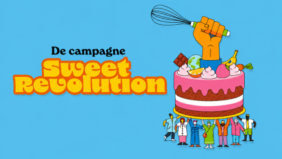 campagnebeeld sweet revolution, op de tekening houden mensen een grote taart in de lucht waar ene hand uitkomt met klopper
