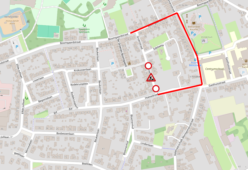 plannetje toont de omleiding voor de werken in de groenstraat-hoevedreef